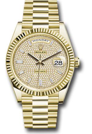 Replica Rolex Yellow Gold Day-Date 40 Watch 228238 Fluted Bezel Diamond-Paved Dial President Bracelet